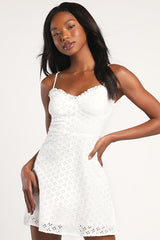 Friendly Flirtation White Sleeveless A-line Eyelet Mini Dress