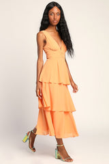 Celebration Time Light Orange Sleeveless Tiered Midi Dress
