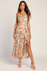 Stunning Soiree Blush Pink Floral Print Ruched Midi Dress