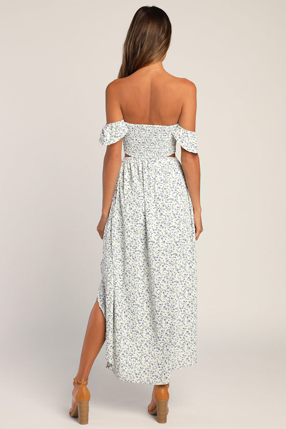Easy on the Eyes White Floral Print Off-the-Shoulder Maxi Dress