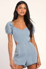 Blushing Beauty Light Wash Denim Puff Sleeve Romper