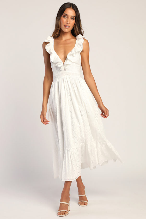 Sicilian Sun White Eyelet Embroidered Ruffled Lace-Up Midi Dress