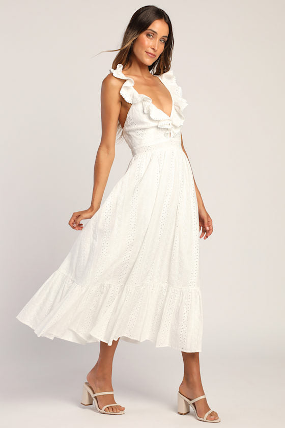 Sicilian Sun White Eyelet Embroidered Ruffled Lace-Up Midi Dress