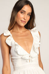 Sicilian Sun White Eyelet Embroidered Ruffled Lace-Up Midi Dress