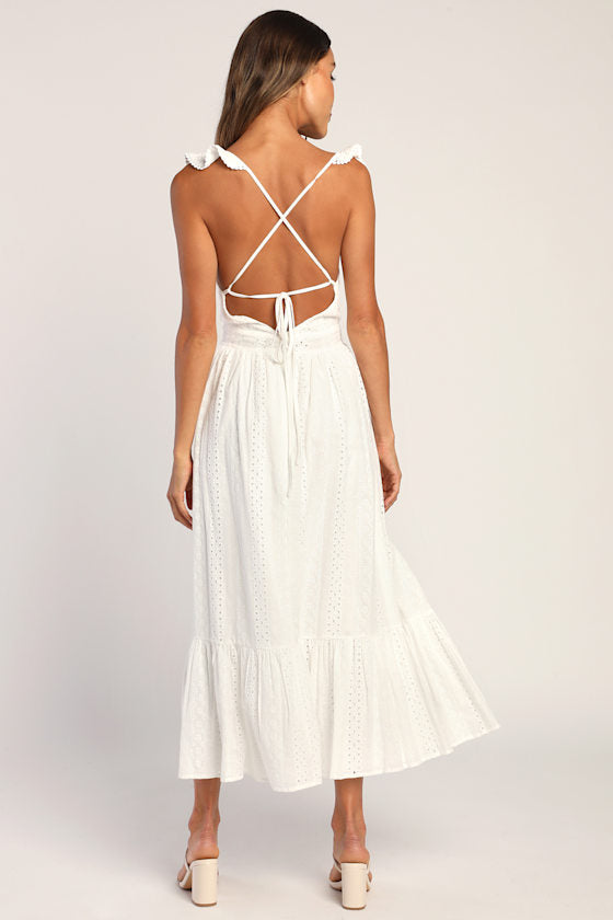 Sicilian Sun White Eyelet Embroidered Ruffled Lace-Up Midi Dress