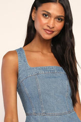 So Delighted Medium Wash Denim Corset Seam Mini Dress