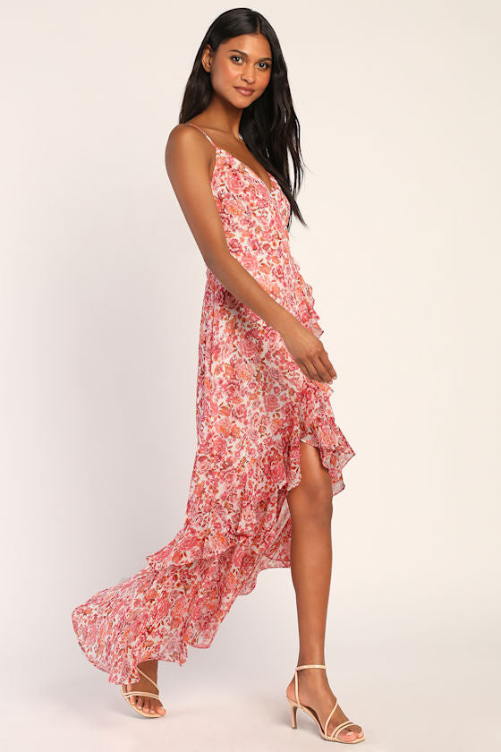 Always Enchanting Pink Floral Metallic Ruffled High-Low Dress