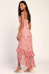 Always Enchanting Pink Floral Metallic Ruffled High-Low Dress