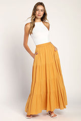 Sunset by the Sea Mustard Yellow Embroidered Tiered Maxi Skirt