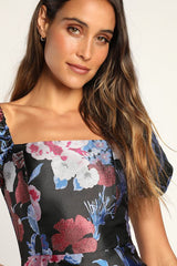 So Stunning Black Multi Floral Jacquard Puff Sleeve Mini Dress