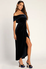 I'm Enchanted Navy Blue Velvet Off-the-Shoulder Maxi Dress
