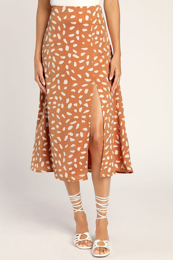 Getting Glam Peach Print Slit Midi Skirt
