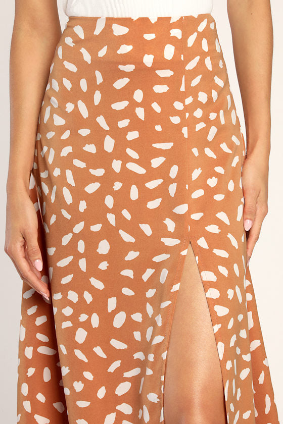 Getting Glam Peach Print Slit Midi Skirt