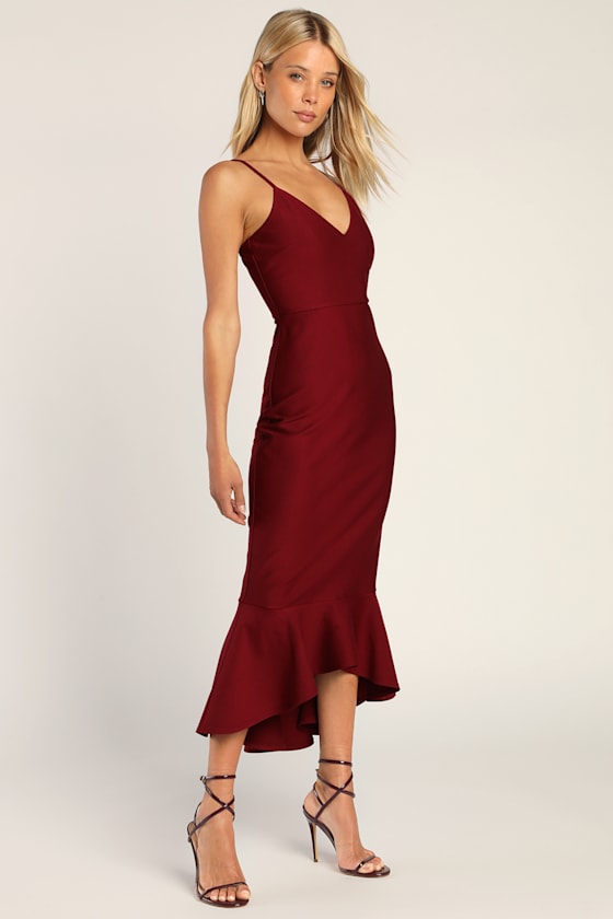 Stun Like Me Wine Red Bodycon Trumpet Hem Midi Dress