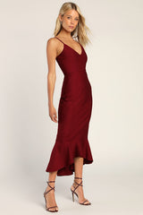 Stun Like Me Wine Red Bodycon Trumpet Hem Midi Dress