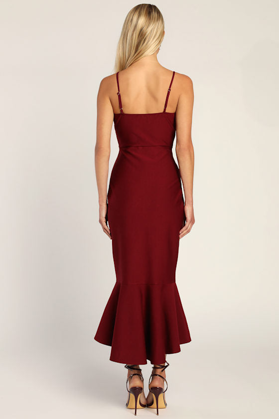 Stun Like Me Wine Red Bodycon Trumpet Hem Midi Dress