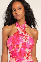 Always Eye-Catching Hot Pink Floral Tiered Halter Midi Dress
