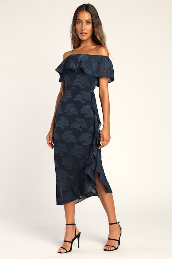 Pretty Perfect Navy Floral Burnout Off-The-Shoulder Midi Dress