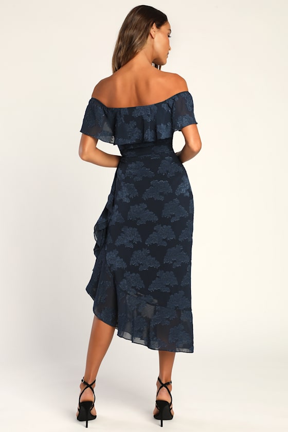 Pretty Perfect Navy Floral Burnout Off-The-Shoulder Midi Dress