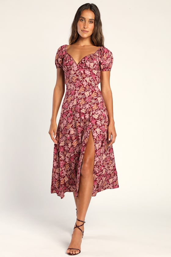 Meadow Muse Burgundy Floral Tie-Back Puff Sleeve Midi Dress