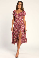 Meadow Muse Burgundy Floral Tie-Back Puff Sleeve Midi Dress