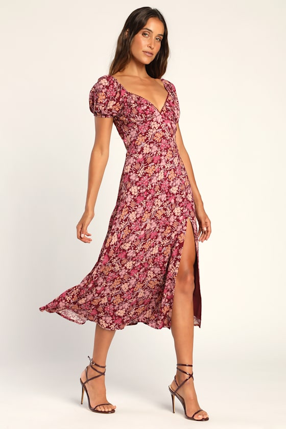 Meadow Muse Burgundy Floral Tie-Back Puff Sleeve Midi Dress