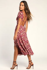 Meadow Muse Burgundy Floral Tie-Back Puff Sleeve Midi Dress