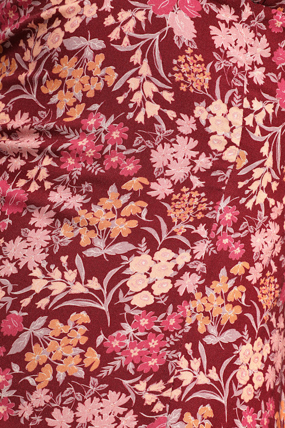 Meadow Muse Burgundy Floral Tie-Back Puff Sleeve Midi Dress