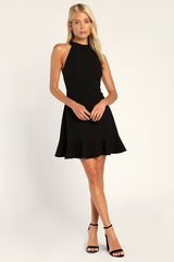 All About Dancing Black Halter Ruffled Mini Dress