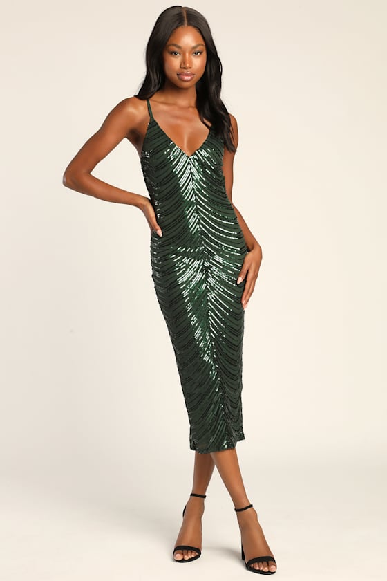 Like a Movie Star Hunter Green Sequin Bodycon Midi Dress