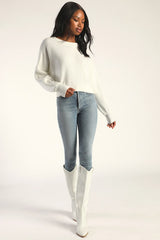 Fireside Flirt Ivory Ribbed Cropped Pullover Sweater