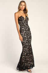 Sexy Sophistication Black Lace Strapless Trumpet Maxi Dress