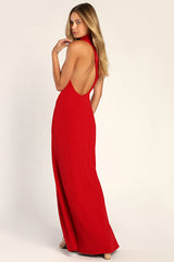 Keep It Interesting Red Asymmetrical Cutout Halter Maxi Dress