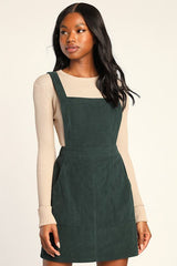 Embracing Autumn Emerald Green Corduroy Pinafore Mini Dress