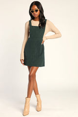 Embracing Autumn Emerald Green Corduroy Pinafore Mini Dress