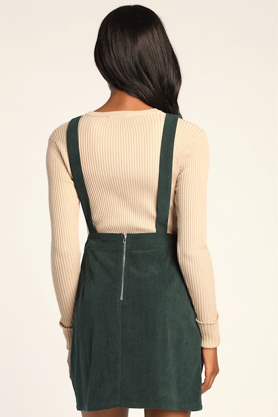 Embracing Autumn Emerald Green Corduroy Pinafore Mini Dress