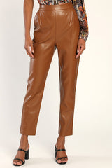 Kick It Brown Vegan Leather High-Waisted Trouser Pants