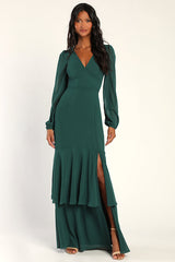 Tier Elegance Hunter Green Long Sleeve Tiered Maxi Dress