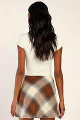 Plaid You Asked Ivory and Brown Plaid Skater Mini Skirt