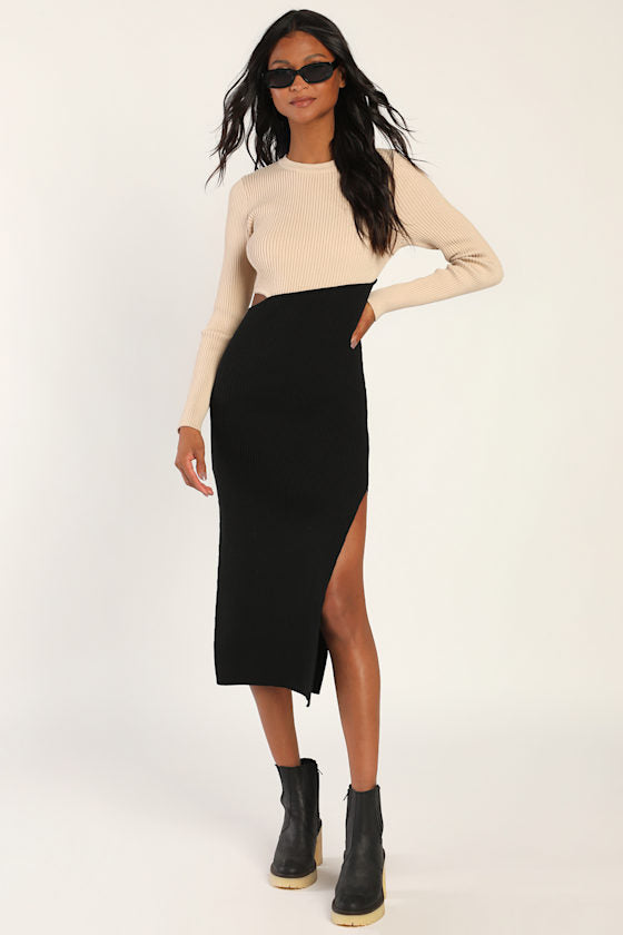 Cutest Combo Beige and Black Color Block Cutout Sweater Dress