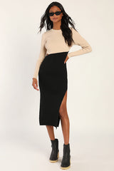Cutest Combo Beige and Black Color Block Cutout Sweater Dress