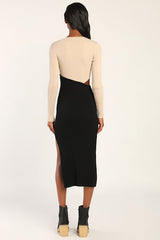 Cutest Combo Beige and Black Color Block Cutout Sweater Dress