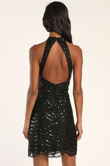 Glowing Entrance Black Sequin Sleeveless Halter Mini Dress