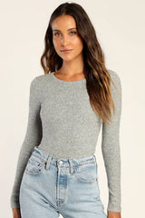 Everyday Babe Heather Grey Ribbed Long Sleeve Cutout Bodysuit