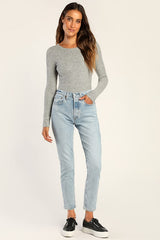 Everyday Babe Heather Grey Ribbed Long Sleeve Cutout Bodysuit