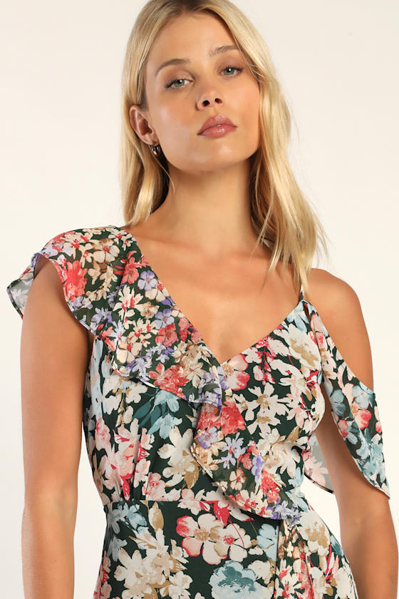 Radiant Hunter Green Floral Print Chiffon Maxi Dress
