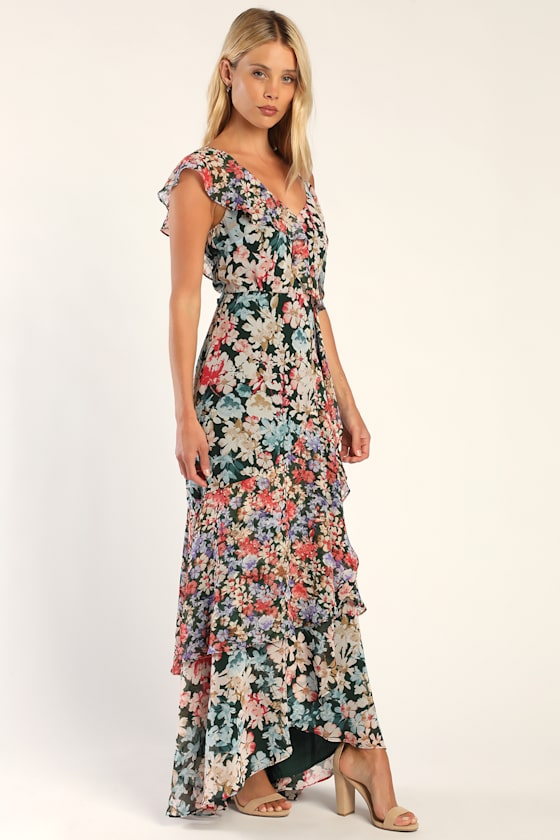 Radiant Hunter Green Floral Print Chiffon Maxi Dress