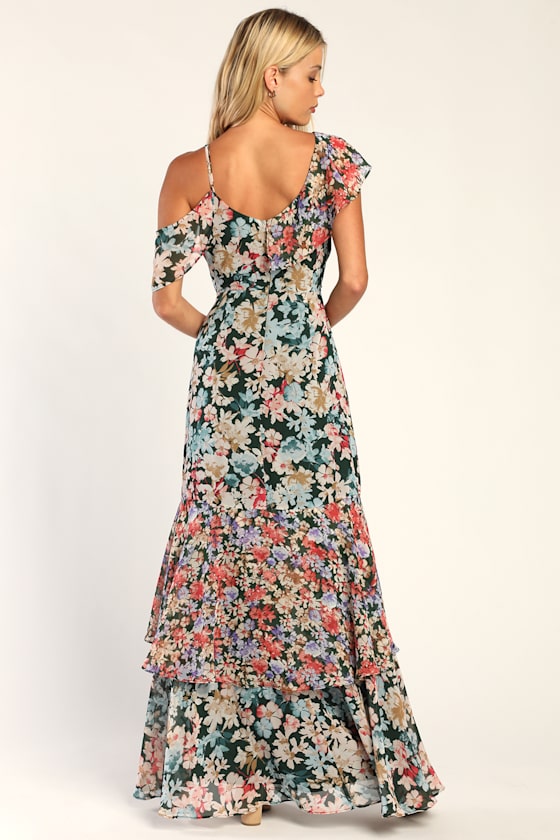 Radiant Hunter Green Floral Print Chiffon Maxi Dress