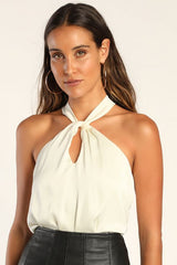 Posh Attitude Ivory Satin Knotted Halter Bodysuit