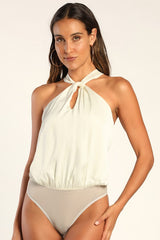 Posh Attitude Ivory Satin Knotted Halter Bodysuit
